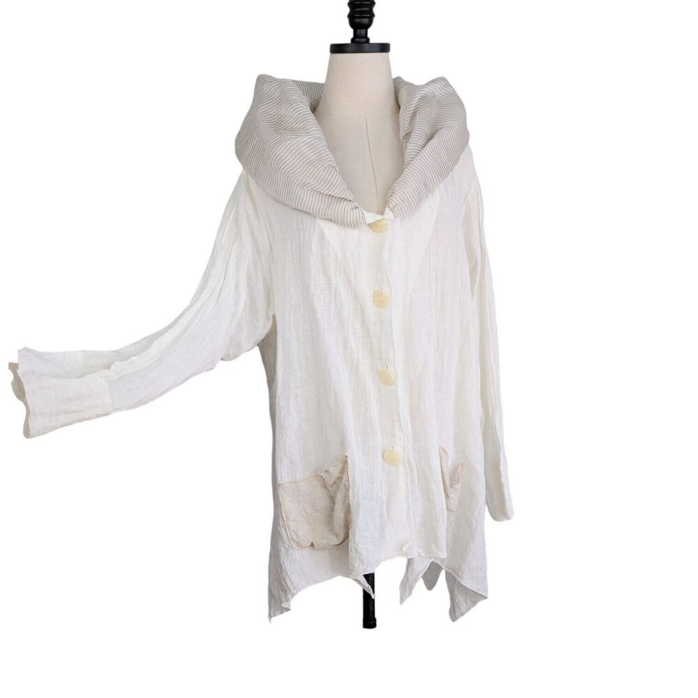 French Linen Top Size L Cream Brown Lagenlook Boho Gauze Neutral Artsy Avant - Picture 3 of 15